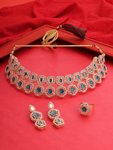 Women's Turquoise Blue Stones Dazzling Austrian Diamonds Choker Necklace Earring & Ring Set-ZPFK17604