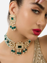 Women's Green Multistrand Beaded Kundan Choker Necklace & Earring Set-ZPFK17607