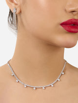 Women's Silver Tone Dazzling Diamonds Embellished Party Bling Minimal Necklace & Earring Set-ZPFK17614