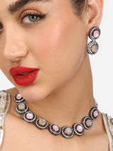 Women's Pink Stones Mother of Pearls Embellished Antique Black Choker Necklace & Earring Set-ZPFK17638