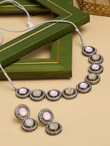 Women's Pink Stones Mother of Pearls Embellished Antique Black Choker Necklace & Earring Set-ZPFK17638