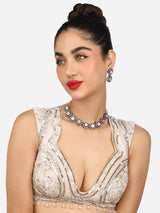 Women's Pink Stones Mother of Pearls Embellished Antique Black Choker Necklace & Earring Set-ZPFK17638