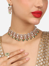 Women's Green Pink Stones Austrian Diamonds Embellished Choker Necklace Earring and Ring Set