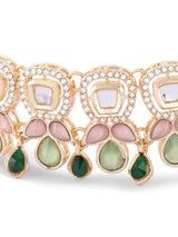 Women's Green Pink Stones Austrian Diamonds Embellished Choker Necklace Earring and Ring Set