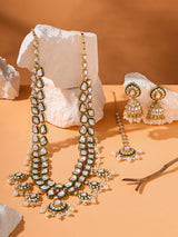 Women's Green Meenakari Kundan Bridal Long Dazzling Necklace Earring Maangtikka Set