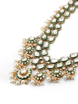 Women's Green Meenakari Kundan Bridal Long Dazzling Necklace Earring Maangtikka Set