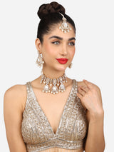 Women's Gold Tone Dazzling Stones Multistrand Beaded Choker Necklace Earring and Maangtikka Set