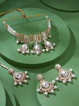 Women's Gold Tone Dazzling Stones Multistrand Beaded Choker Necklace Earring and Maangtikka Set