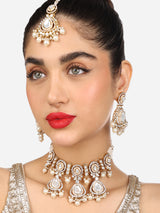 Women's Gold Tone Dazzling Stones Multistrand Beaded Choker Necklace Earring and Maangtikka Set