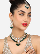 Women's Green Bead Dazzling Stones Embellished Choker Necklace Earring Maangtikka & Ring Set-ZPFK17792