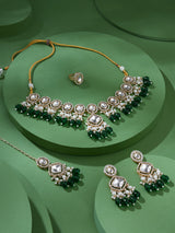 Women's Green Bead Dazzling Stones Embellished Choker Necklace Earring Maangtikka & Ring Set-ZPFK17792