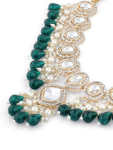 Women's Green Bead Dazzling Stones Embellished Choker Necklace Earring Maangtikka & Ring Set-ZPFK17792