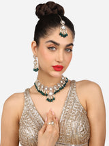 Women's Green Bead Dazzling Stones Embellished Choker Necklace Earring Maangtikka & Ring Set-ZPFK17792