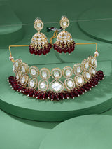 Women's Maroon Cluster Beads Dazzling Stones Bridal Choker Necklace & Earring Set-ZPFK17932