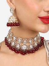 Women's Maroon Cluster Beads Dazzling Stones Bridal Choker Necklace & Earring Set-ZPFK17932