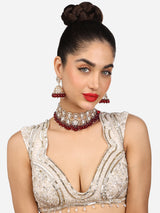 Women's Maroon Cluster Beads Dazzling Stones Bridal Choker Necklace & Earring Set-ZPFK17932