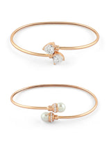 Women's Rose Gold Tone Contemporary Cubic Zirconia Pearls Brass Kada Style Bracelet - Pack of 2