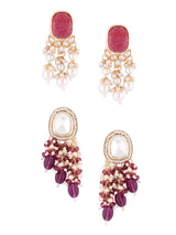 Women's Wine Color Stones Beads Clustered Traditional Drop Earrings - Pack of 2