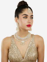 Women's Gold Tone Dazzling Kundan Cluster Beads Drop Necklace Earring & Maangtikka Set-ZPFK18009