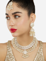 Women's Gold Tone Dazzling Kundan Cluster Beads Drop Necklace Earring & Maangtikka Set-ZPFK18009