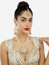 Women's Gold Tone Kundan Multistrand Beaded Long Bridal Necklace Earring Maangtikka Set-ZPFK18017