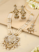 Women's Gold Tone Kundan Multistrand Beaded Long Bridal Necklace Earring Maangtikka Set-ZPFK18017