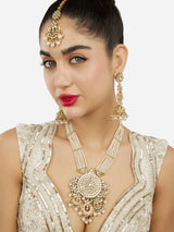 Women's Gold Tone Kundan Multistrand Beaded Long Bridal Necklace Earring Maangtikka Set-ZPFK18017