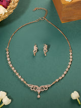 Women's Rose Gold Tone Dazzling Cubic Zirconia Bling Brass Necklace & Earring Set-ZPFK18021