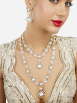 Women's Gold Tone Dazzling Austrian Diamonds Stones Layered Long Necklace & Earring Set-ZPFK18022