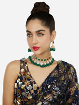 Women's Green Stones Cluster Beads Drop Austrian Diamonds Embellished Choker Necklace & Earring Set-ZPFK18056