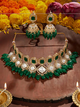 Women's Green Stones Cluster Beads Drop Austrian Diamonds Embellished Choker Necklace & Earring Set-ZPFK18056