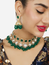 Women's Green Stones Cluster Beads Drop Austrian Diamonds Embellished Choker Necklace & Earring Set-ZPFK18056