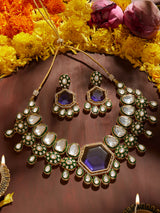 Women's Purple Stone Green Meenakari Austrian Diamonds Embellished Necklace and Earring Set