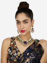 Women's Purple Stone Green Meenakari Austrian Diamonds Embellished Necklace and Earring Set