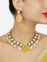 Women's Yellow Stone Green Meenakari Austrian Diamonds Embellished Necklace & Earring Set
