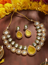Women's Yellow Stone Green Meenakari Austrian Diamonds Embellished Necklace & Earring Set