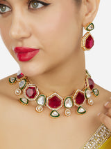 Women's Pink Stones Green Meenakari Austrian Diamonds Embellished Necklace & Earring Set-ZPFK18068