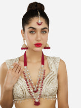 Women's Rani Pink Beads Dazzling Stones Layered Bridal Long Necklace Earring Maangtikka & Ring Set-ZPFK18076