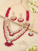 Women's Rani Pink Beads Dazzling Stones Layered Bridal Long Necklace Earring Maangtikka & Ring Set-ZPFK18076