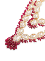 Women's Rani Pink Beads Dazzling Stones Layered Bridal Long Necklace Earring Maangtikka & Ring Set-ZPFK18076