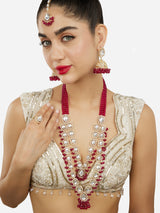 Women's Rani Pink Beads Dazzling Stones Layered Bridal Long Necklace Earring Maangtikka & Ring Set-ZPFK18076