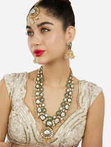 Women's Pink Green Beads Dazzling Stones Meenakari Bridal Long Necklace Earring and Maangtikka Set