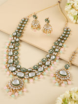 Women's Pink Green Beads Dazzling Stones Meenakari Bridal Long Necklace Earring and Maangtikka Set