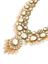 Women's Pink Green Beads Dazzling Stones Meenakari Bridal Long Necklace Earring and Maangtikka Set
