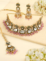 Women's Purple Beads Green Meenakari Dazzling Stones Bridal Necklace Earring and Maangtikka Set