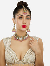 Women's Purple Beads Green Meenakari Dazzling Stones Bridal Necklace Earring and Maangtikka Set