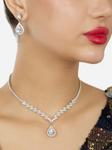 Women's Silver Tone Dazzling Austrian Diamonds Embellished Contemporary Necklace and Earring Set
