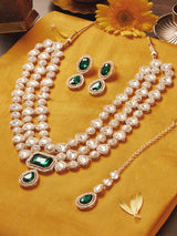 Women's Green Dazzling Stones Diamonds Bridal Layered Necklace Earring & Maangtikka Set-ZPFK18212