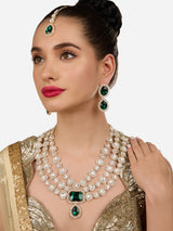 Women's Green Dazzling Stones Diamonds Bridal Layered Necklace Earring & Maangtikka Set-ZPFK18212
