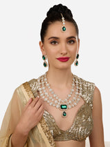 Women's Green Dazzling Stones Diamonds Bridal Layered Necklace Earring & Maangtikka Set-ZPFK18212